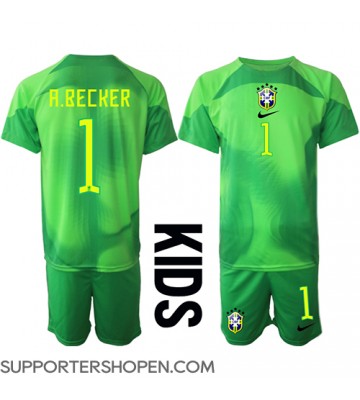 Brasilien Alisson Becker #1 Målvakt Bortatröja Barn VM 2022 Kortärmad (+ korta byxor)